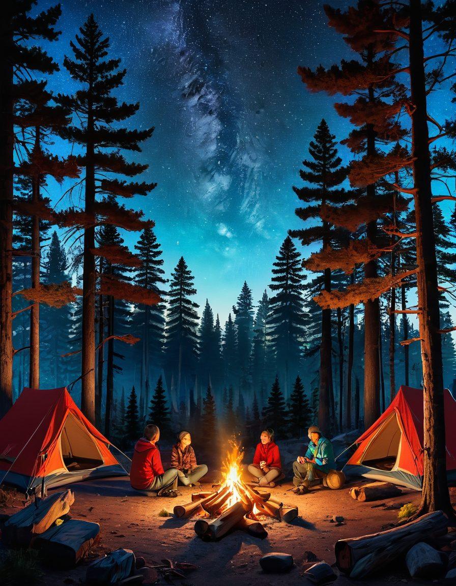 A serene forest scene depicting a cozy campsite with a lit campfire, vibrant tents nestled among tall pine trees, and a clear starlit sky above filled with constellations. People of diverse backgrounds sharing stories and laughter, surrounded by nature's beauty, while nearby wildlife such as deer and birds observe quietly. The atmosphere should evoke a sense of adventure and community in the great outdoors. super-realistic. vibrant colors. 3D.