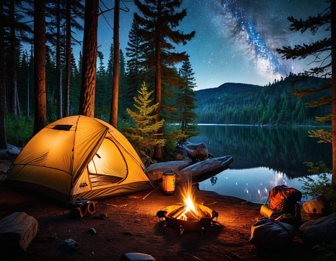 A serene campsite scene in a lush forest, featuring a spacious tent, neatly arranged camping gear like a backpack, portable stove, and a lantern. In the background, a tranquil lake reflects the greenery while a campfire crackles nearby, casting a warm glow. A starry night sky above adds a sense of peace and adventure. super-realistic. vibrant colors. 3D.