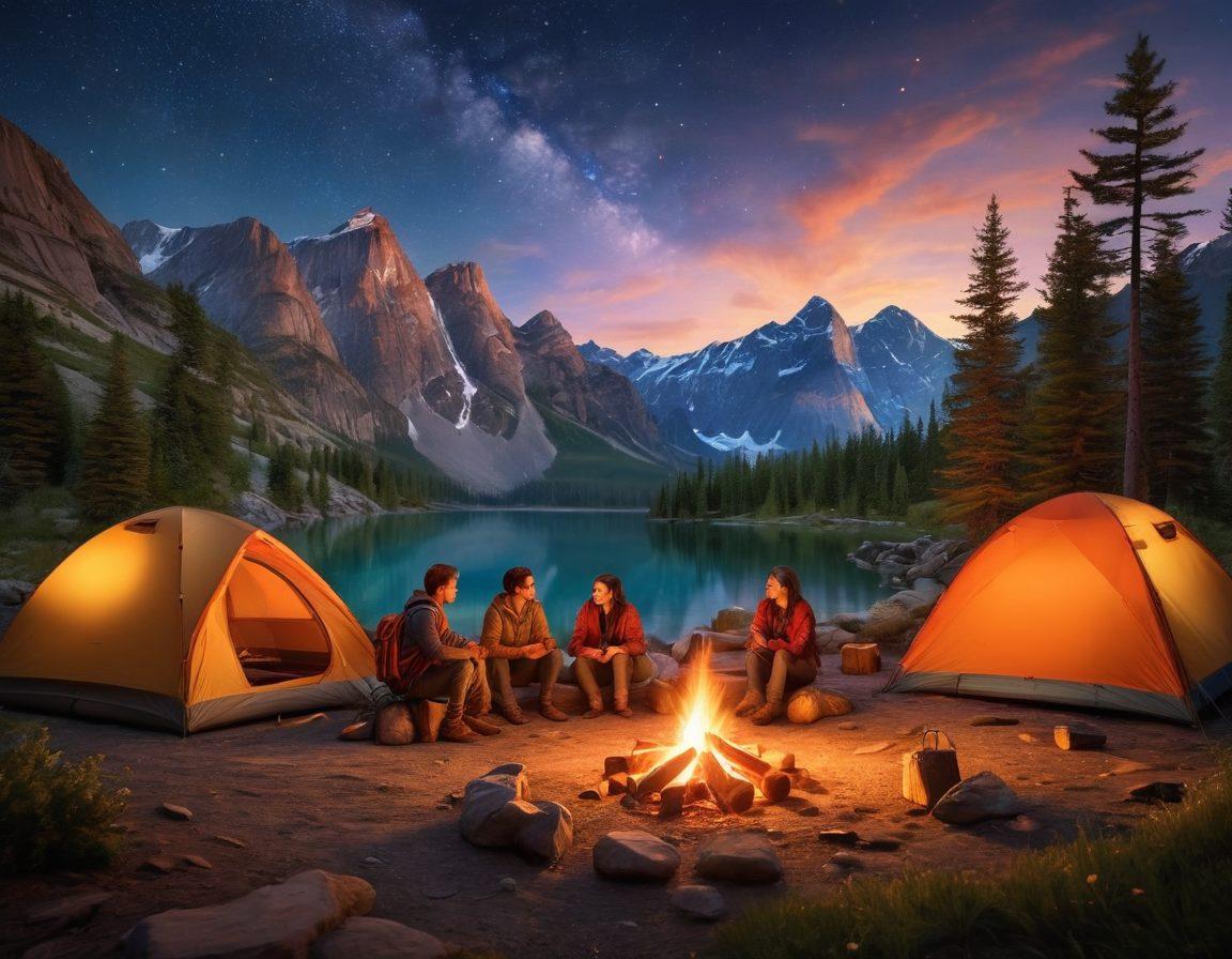 A cozy campsite scene at twilight, with a glowing campfire surrounded by friends roasting marshmallows. In the background, majestic mountains and a starry sky create a serene atmosphere, while camping gear like tents and backpacks are visible. Warm, inviting colors dominate the scene, emphasizing a sense of adventure and camaraderie. super-realistic. vibrant colors. twilight backdrop.